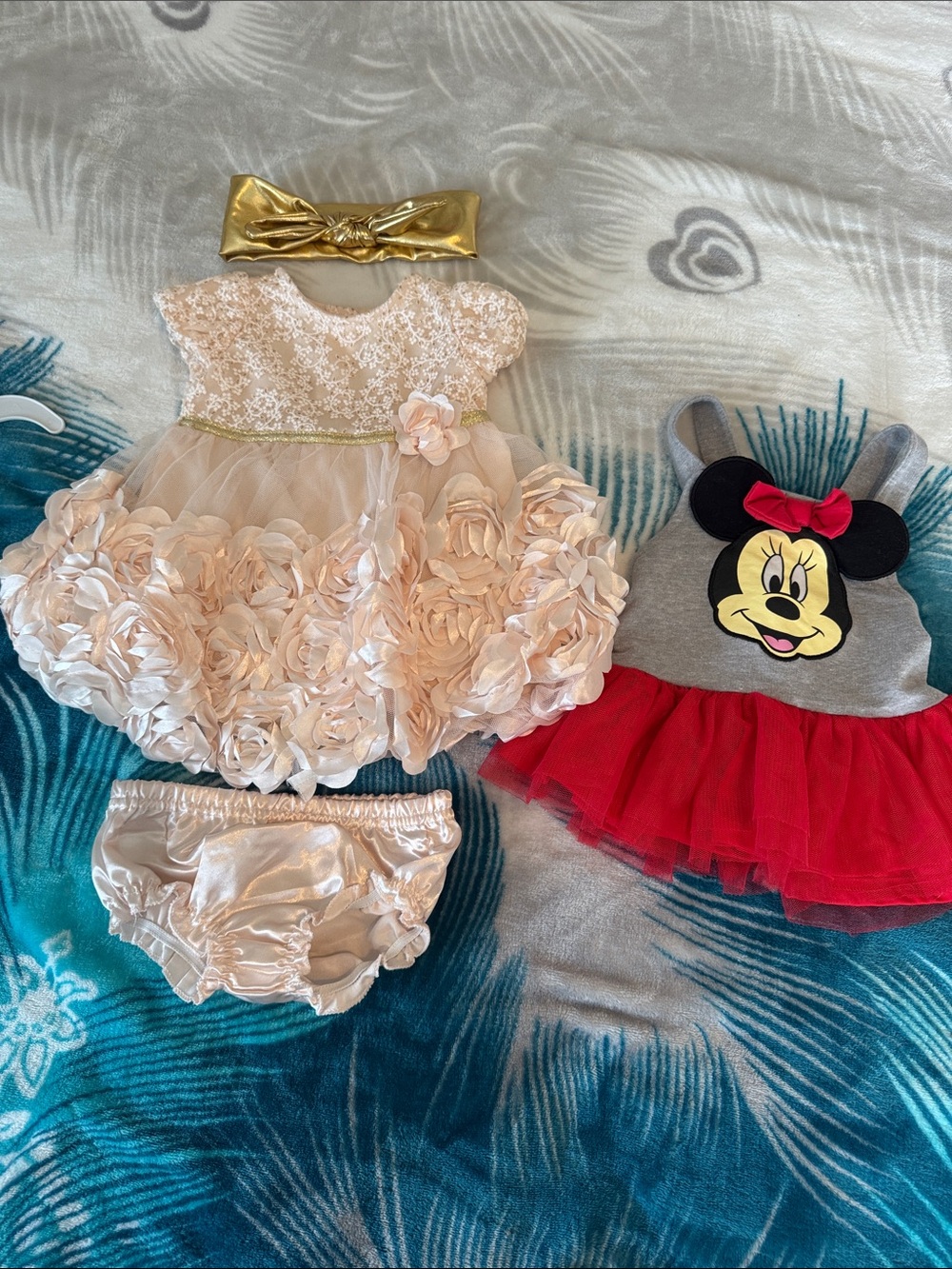 Disney Peach Floral Rosette Dress Set with Gold Headband and Minnie Tutu Top